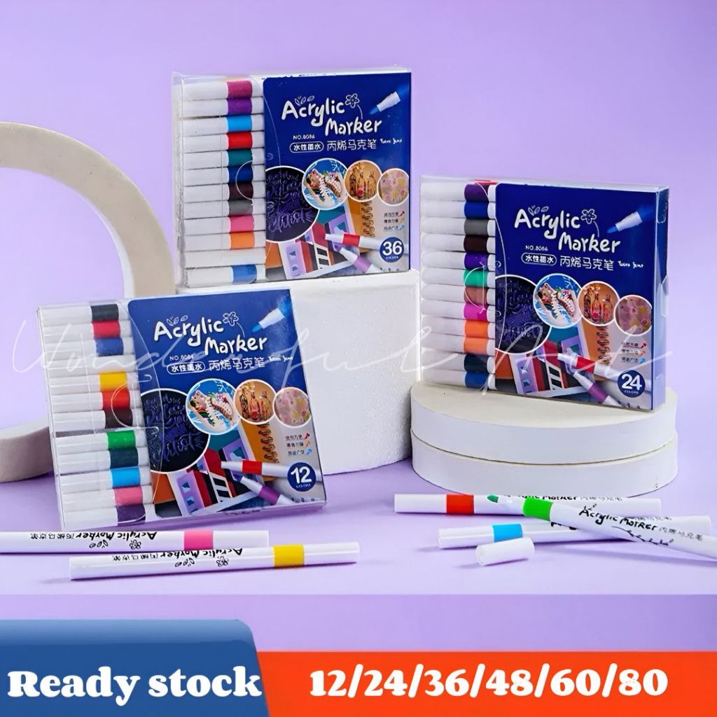 

【12/24/36/48/60/80 Warna】Acrylic Marker Set Spidol Akrilik DIY Painting Spidol Pastel Pulpen Highlight Drawing Warna