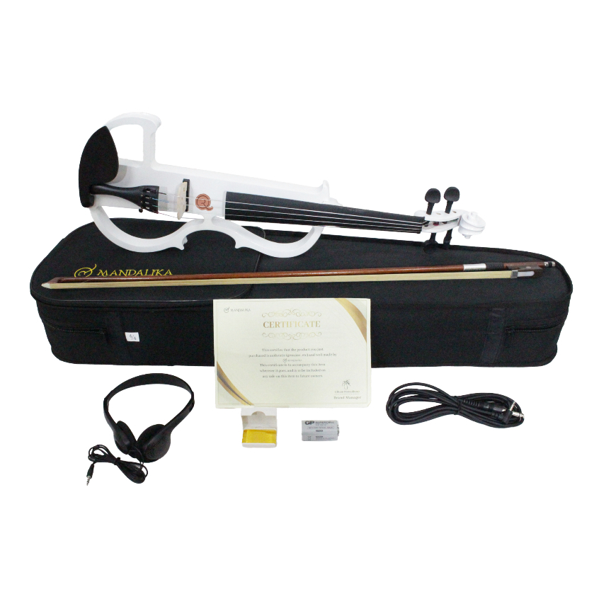 Biola Elektrik Merk MANDALIKA Warna Putih Original Ukuran 4/4 Bonus Hardcase Bow Rosin Bridge buat P