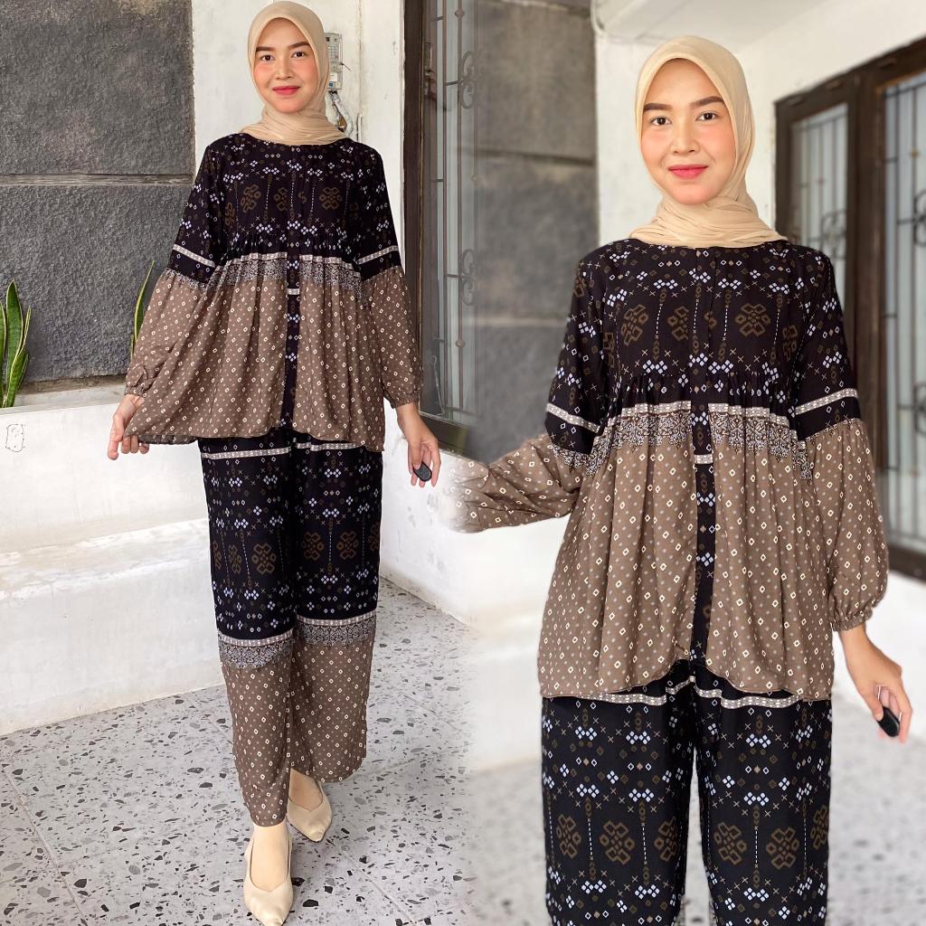 Premium Daily Set Motif - Setelan Rayon Viscose - Mecca Set - One Set Pajamas Ruffle - Tans