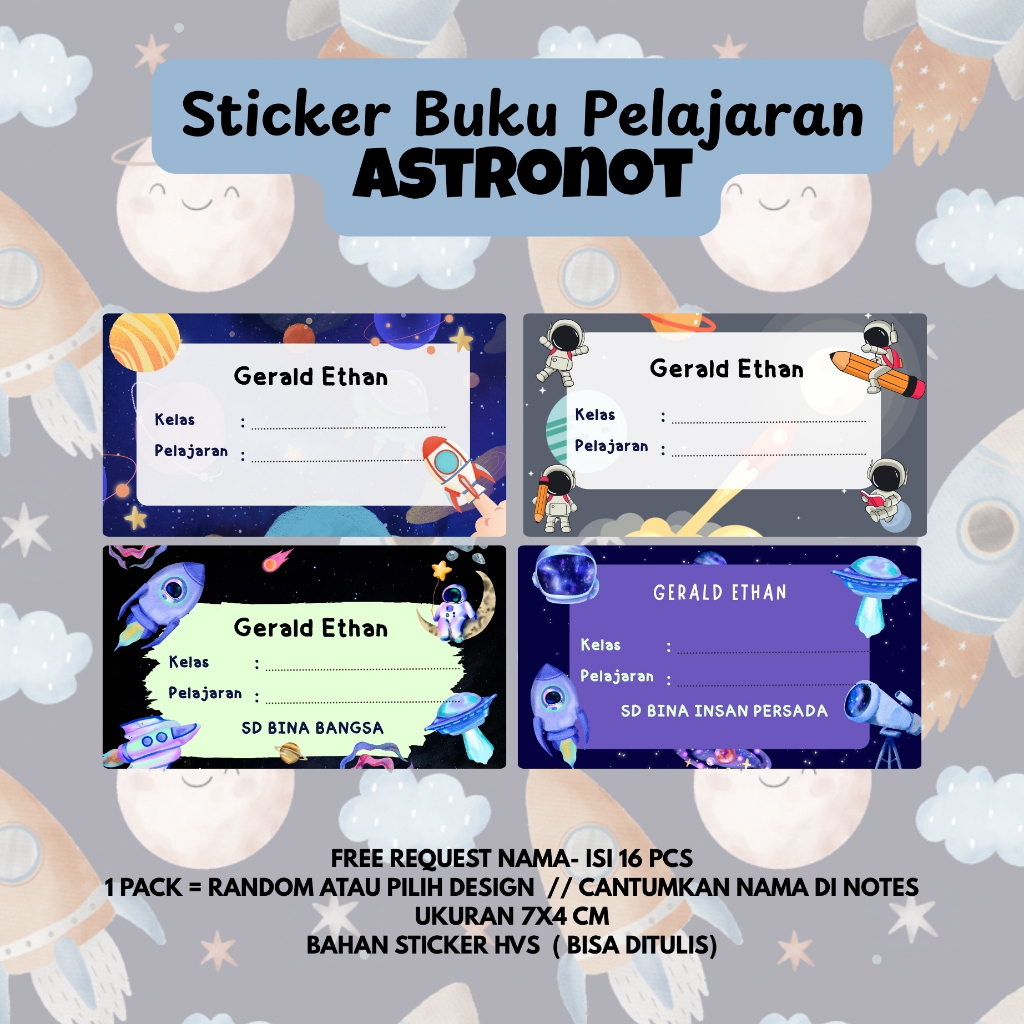 

Sticker Label Nama Buku Pelajaran Anak 7x4 cm Tema Astronot – Isi 16 pcs Bisa Custom Nama