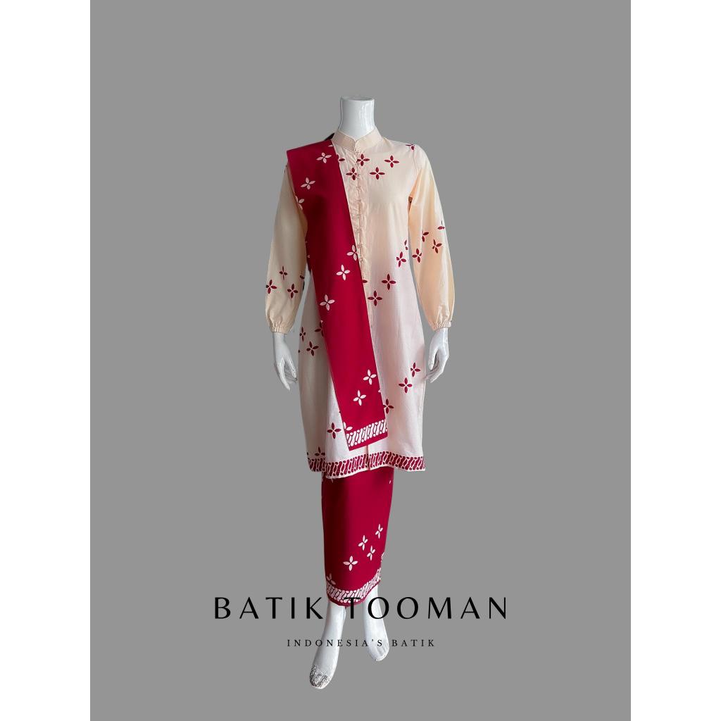 ALRUMI Merah Cream Setelan Terpisah Rok Tunik Batik Katun Primisima Warna Red Krem