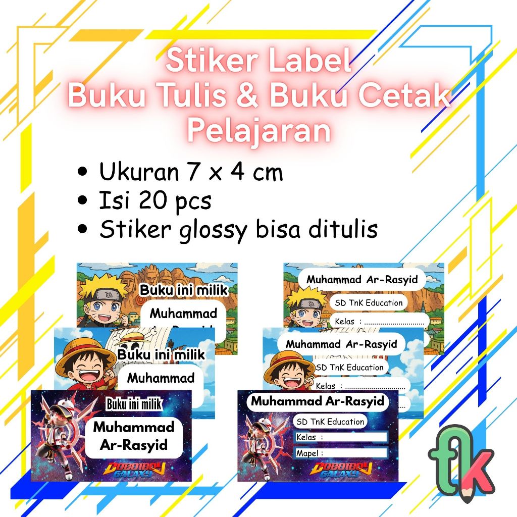 

Cetak Stiker Label Buku Tulis dan Buku Cetak Custom Nama Seri Naruto & One Piece – 1 Pack Isi 20 pcs