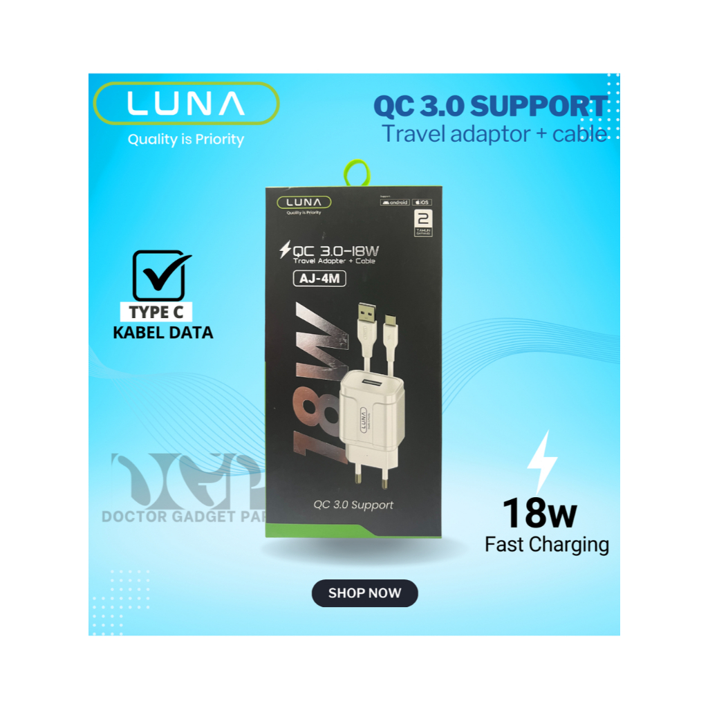 LUNA QC3.0 18W Travel Charger + Cable AJ-4M – Fast Charge USB A - Charger HP iOS/Android - LUNA AJ-4