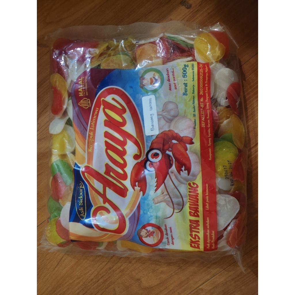 

Kerupuk mentah bawang warna warni merk Araya kemasan 500 gram