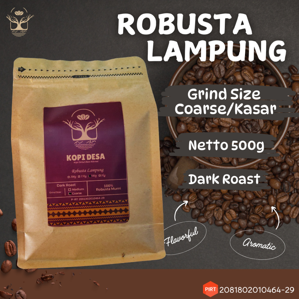 

Kopi Bubuk Murni 100% Robusta Lampung Barat 500gram | Giling Kasar / Coarse | Dark Roast