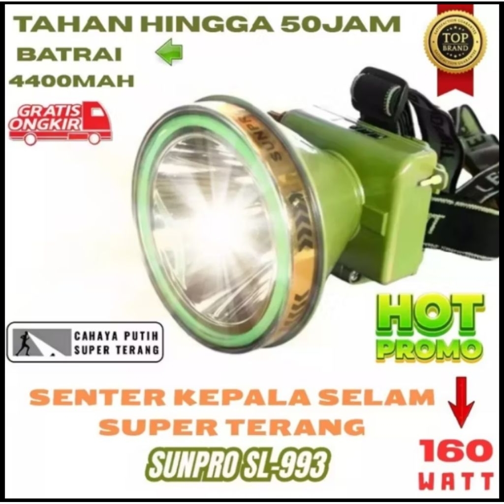 sunpro sl-993 senter kepala led selam 160watt cahaya putih bonus lensa biru kuning dan kacamata sela