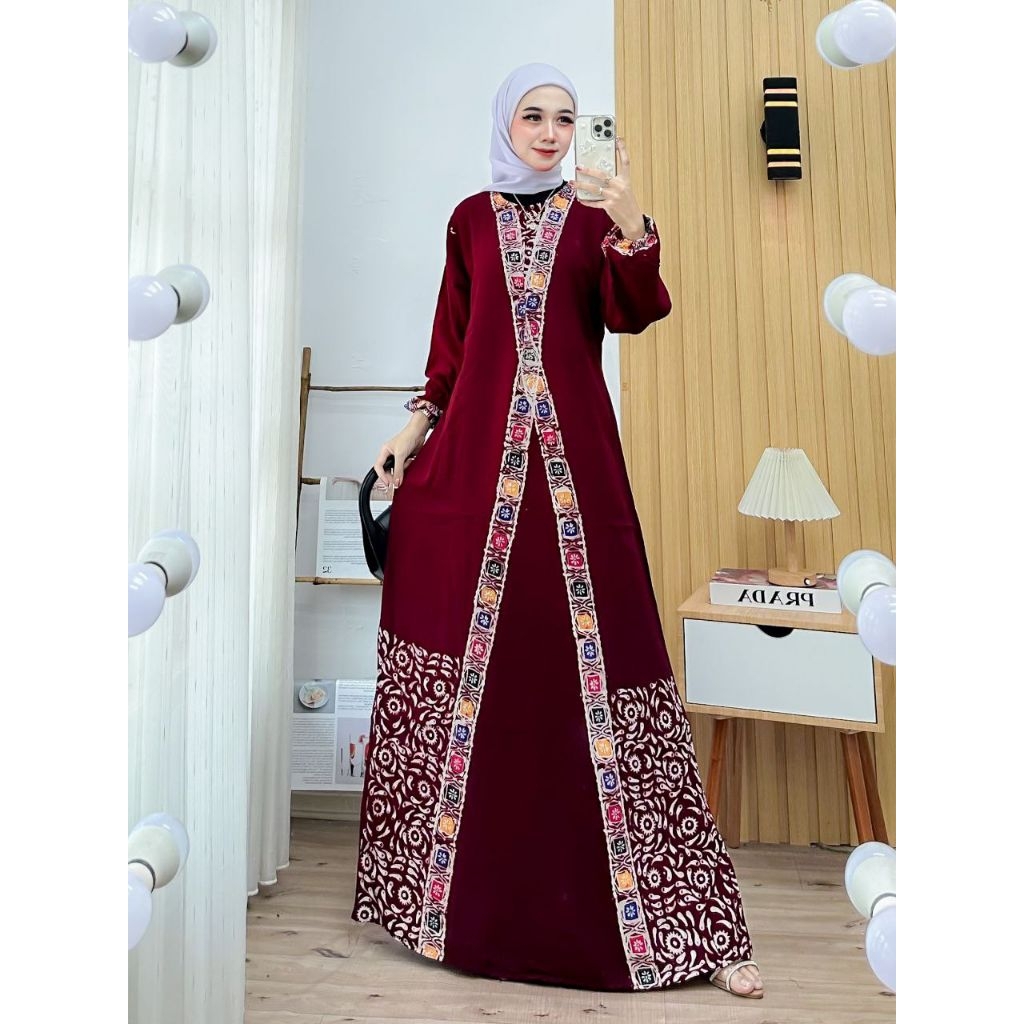 Gamis Batik Encim Adem Nyaman Panjang Muslimah-Marun Silang