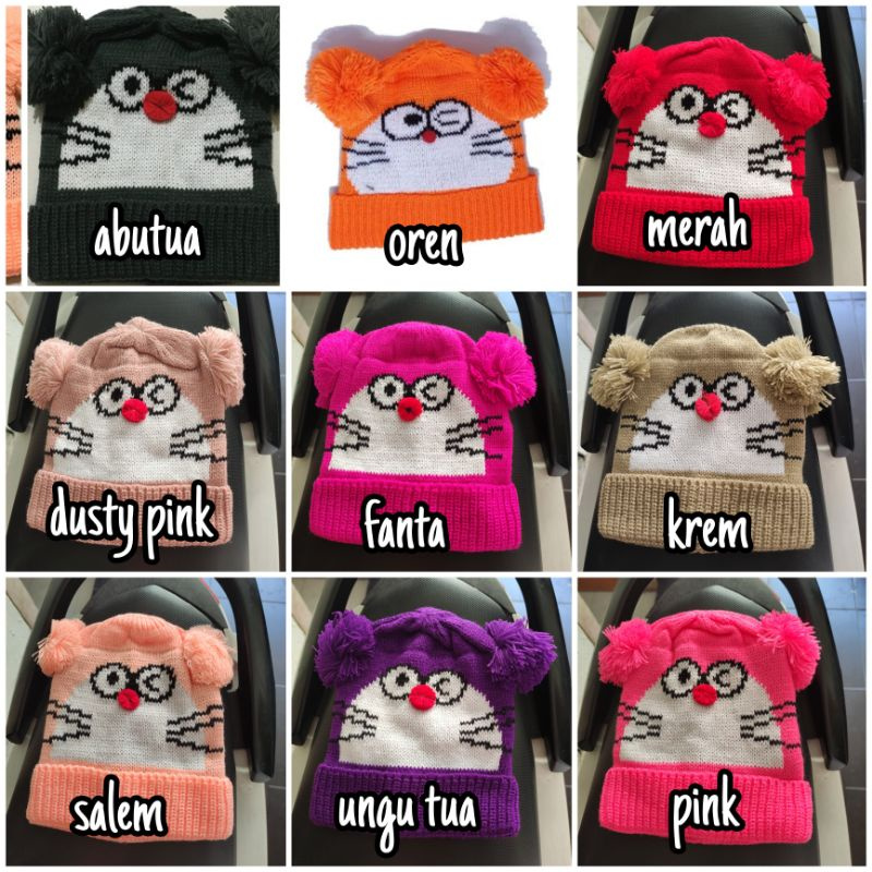 Topi Bordir nama Kupluk Bayi Anak Karakter Doraemon Pompom / Kupluk Bayi, topi request nama, topi co