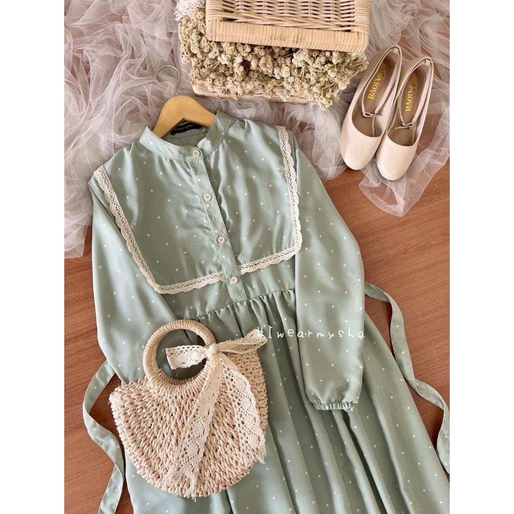Mysha Iwearmysha HYUNA DRESS : POLKA SAGE Gamis Motif Polkadot Dress Korean Style