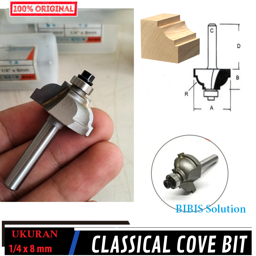 WOOD Mata Profil Classical Cove Bit 1/4 x 8mm Mata Mesin Trimmer Router Propil Lis Kayu