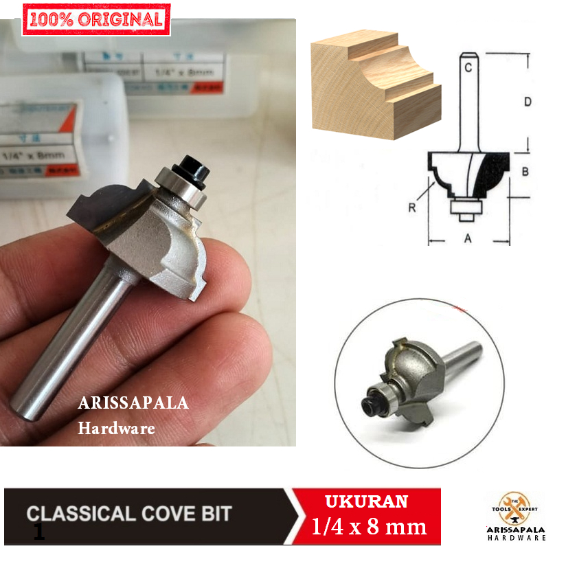 WOOD RYOTA Mata Profil Classical Cove Bit 1/4 x 8mm Mata Mesin Trimmer Router Propil Lis Kayu