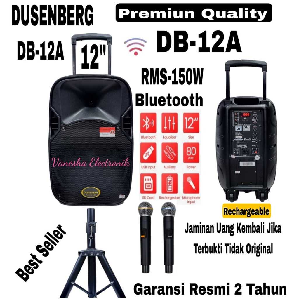 Speaker Portable 12 Inch DUSENBERG 12 A 2 Mic Wireless Free Stand Speaker Original