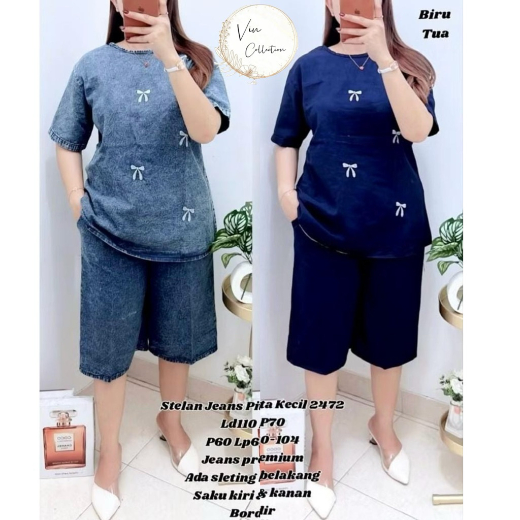 2472 SETELAN JEANS 3/4 BORDIR PITA TABUR LD110 WANITA|SETELAN SANTAI|ONE SET LD110