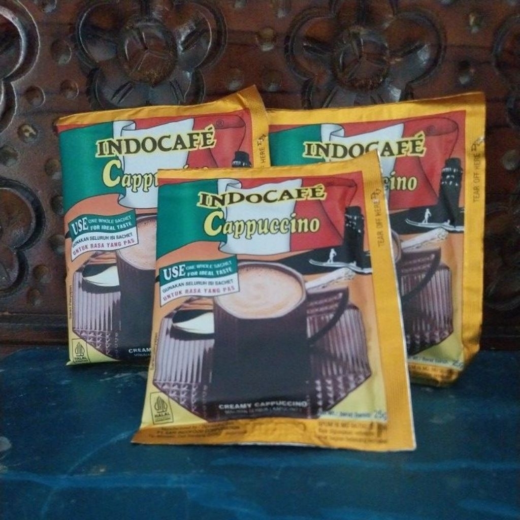 

indocafe cappuccino 25g, indocafe cappuccino, indocafe, capuccino, minuman serbum, minuman serbum kapucino, kapucino,