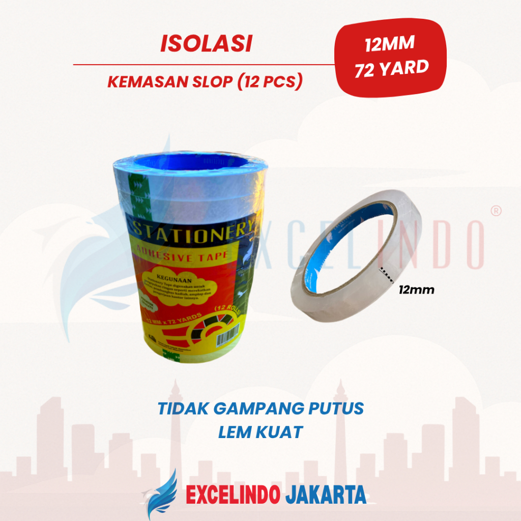 

(1 SLOP/DAPAT 12 PCS) Excelindo Lakban Isolasi Stationery Tape 1/2 inch 12mm x 72 YARD PREMIUM QUALITY