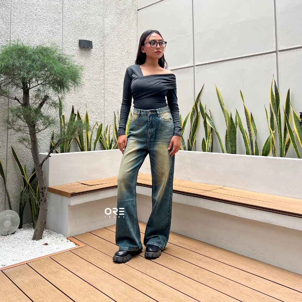 ORE - Eleora Kulot Baggy Jeans Women Highwaist Retro Washed Green Non Strech / 27-34