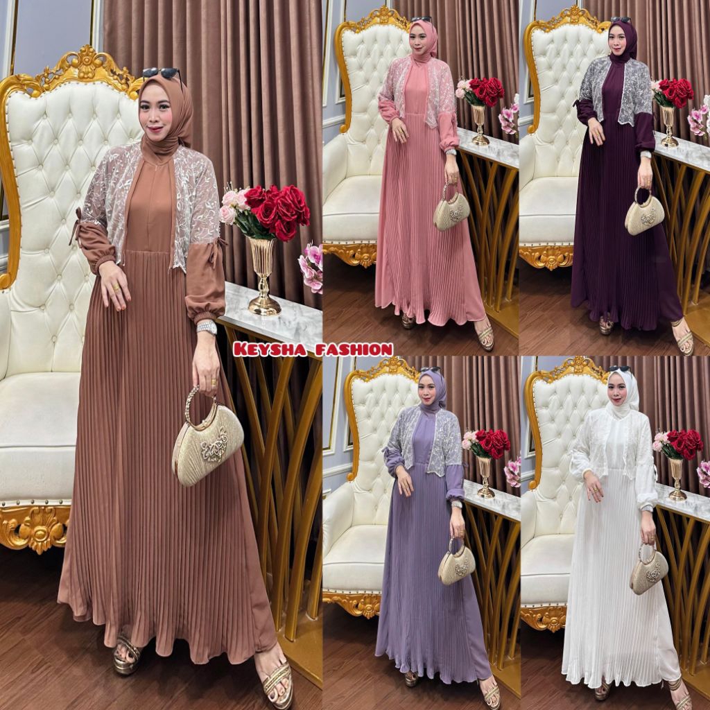 Rompi Renda Gamis Ceruty Baby doll Premium Plisket Depan Set Hijab