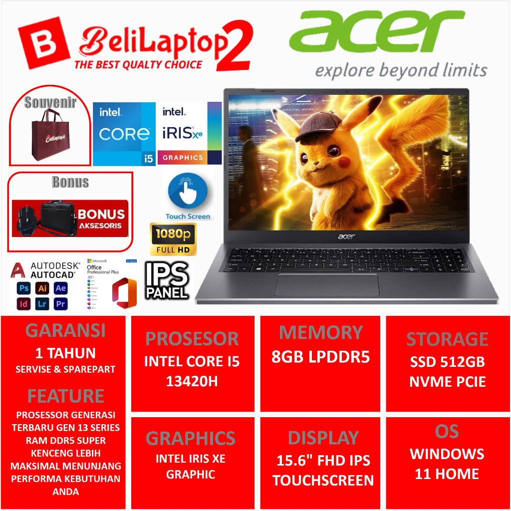 Laptop Touchscreen Baru Acer Aspire 5 A515-S8P Intel Core i5 13420H DDR5 SSD 1TB 15.6 FullHD IPS W11