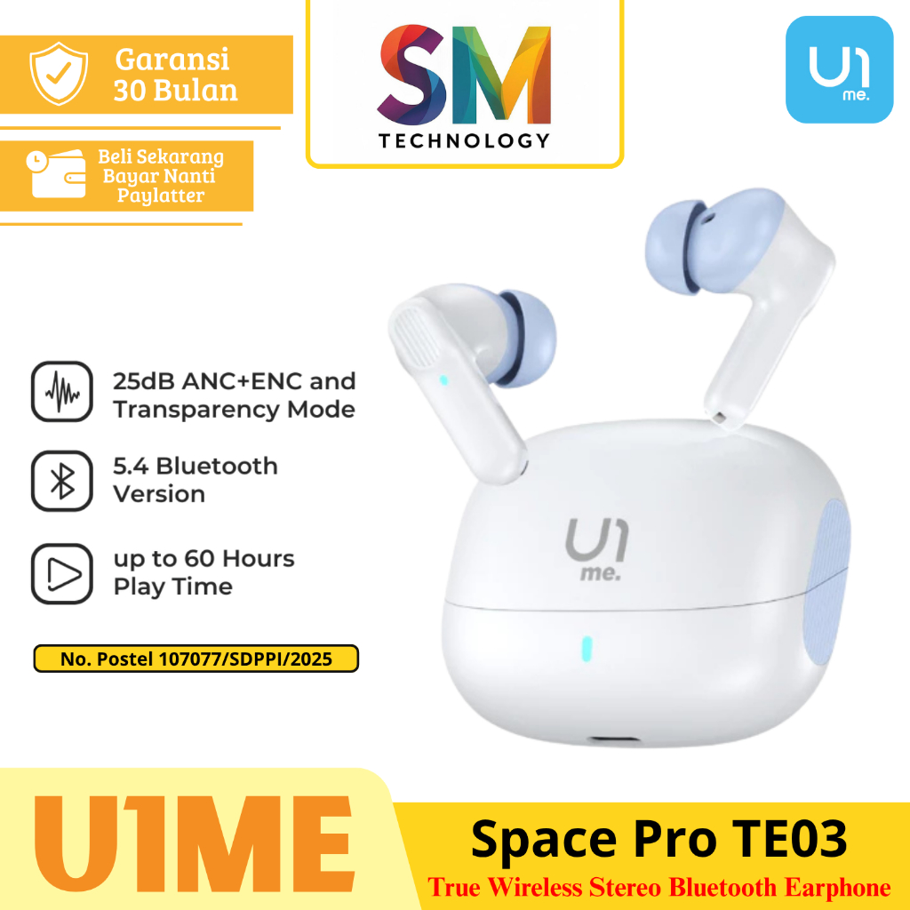 U1me Earphone TE03 Space Pro TWS Bluetooth 5.4 ANC Mode, Transparency Mode, Music Mode, Game Mode
