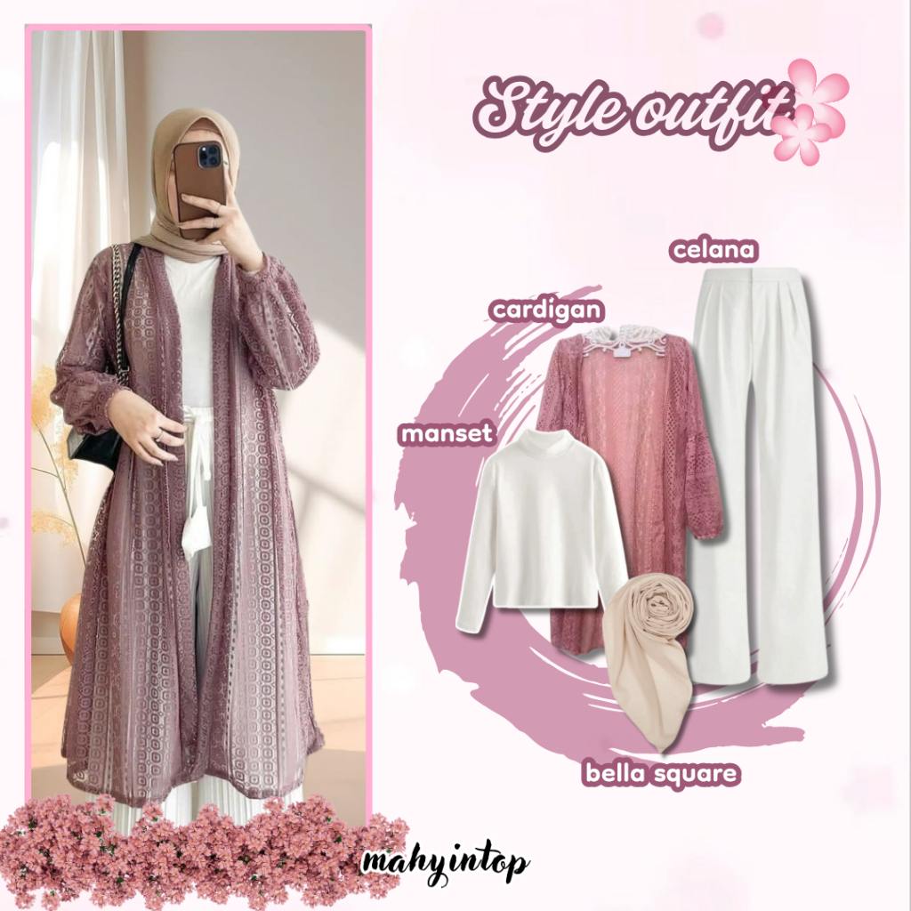 Setelan Brukat Wanita 4in1 | Cardigan Brukat + Celana + Manset + Hijab | Baju Kondangan Wanita Terla