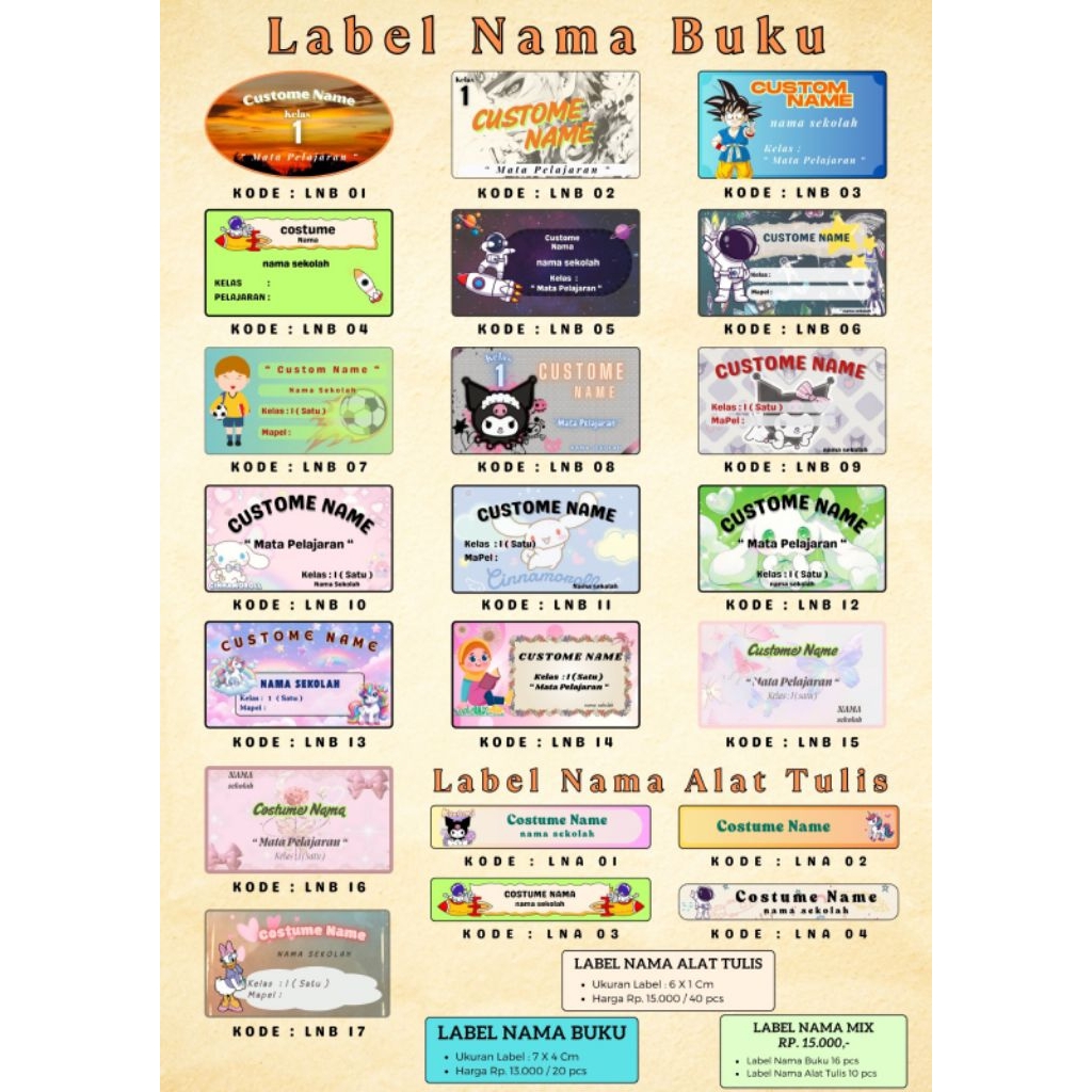 

Stiker nama custom Alat tulis