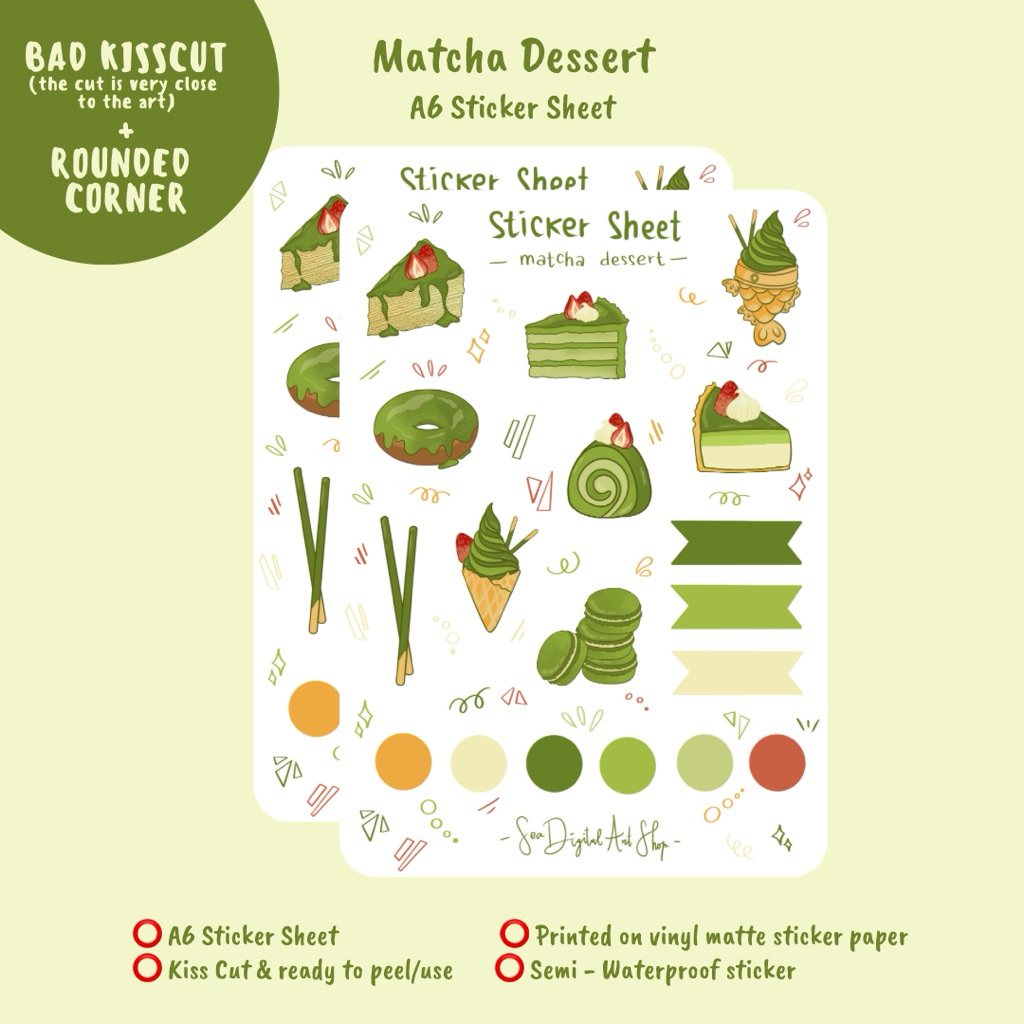 

(Bad Kiss Cut & Rounded Corner) Matcha Dessert — A6 Sticker Sheet | Vinyl Sticker
