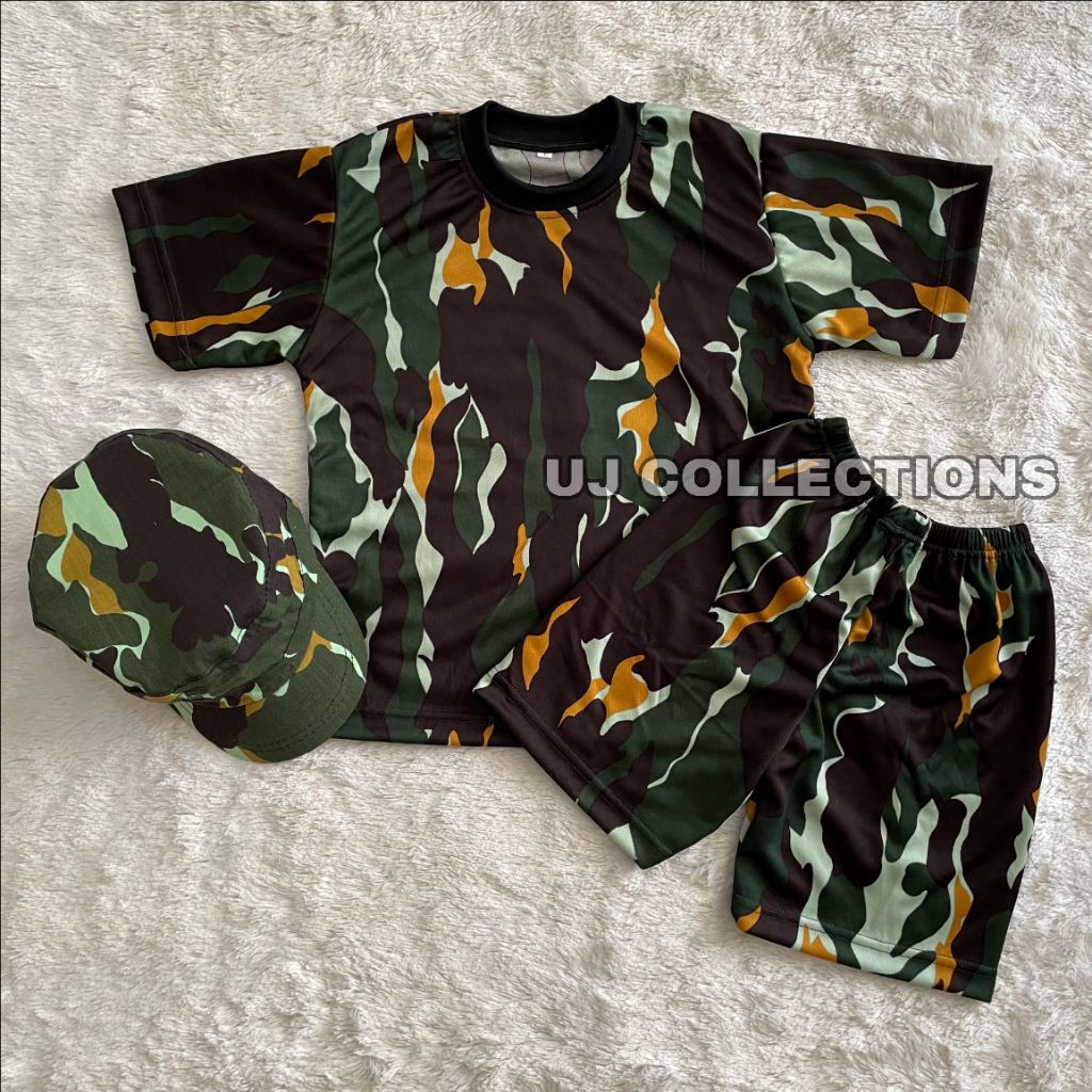 Setelan kaos anak pendek motif loreng brimob polos free topi pet commando usia 1 - 10 tahun unisex