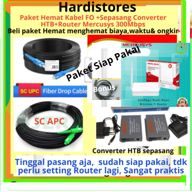 Kabel Fiber Optik precon 250 meter Bundling Converter HTB Router Wifi Mercusys  Bonus Kabel LAN Pake