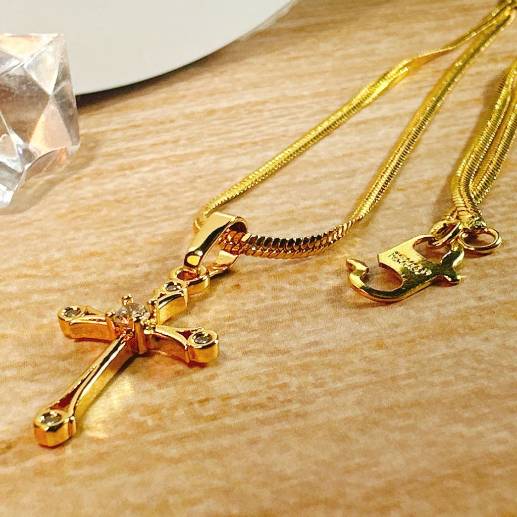 KALUNG TITANIUM XUPING WANITA LIONTIN SALIB RANTAI GEPENG BERLAPIS EMAS 18-24/K ANTI KARAT