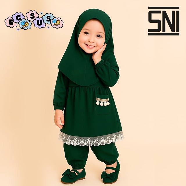 (EGSUS) Setelan Gamis Hijab Alena Bayi Anak Renda Katun Spandek Jersey 0-2 Tahun Pakaian Hijau Botol