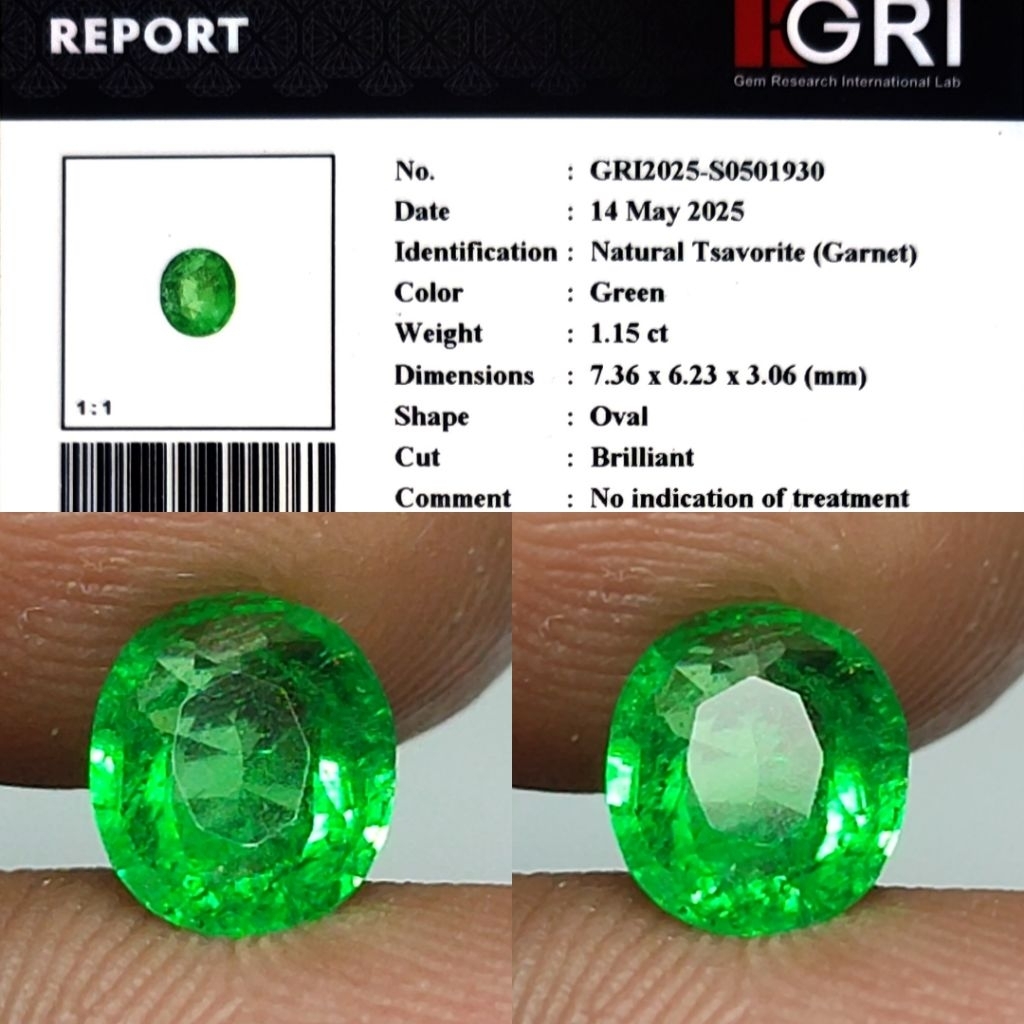 Natural Tsavorite Garnet 1.1ct GRI Material Crystall Full Luster Gemericik Nice Color Body Kaca Meta