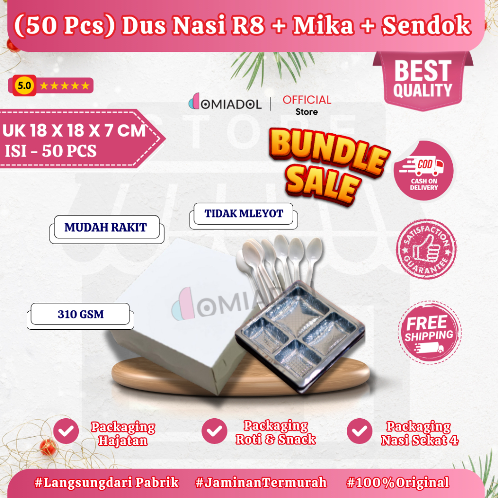 

(BUNDLE SALE 50 PCS) Box Dus Nasi Kotak R8 Putih Premium Plus Mika Sendok - Ukuran 18x18x7 - Isi 50 Pcs