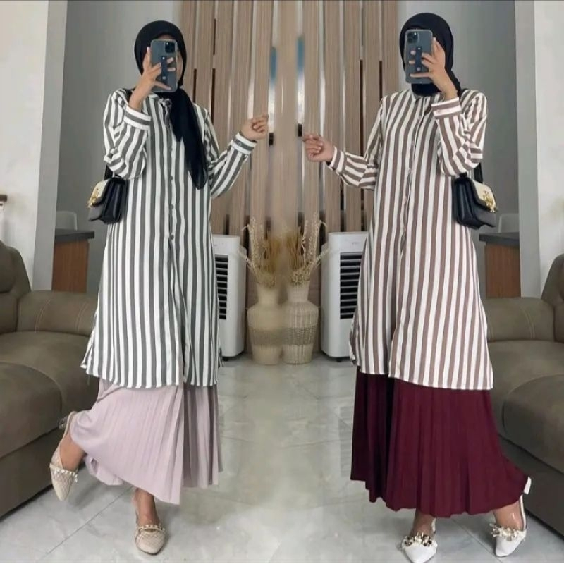 Tunik Salur Katun Rayon Oversize Wanita Muslim/Outfit muslimah Full Kancing