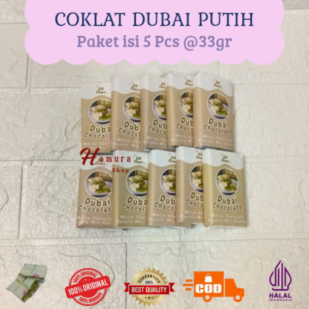 

Coklat Dubai Kunafa Putih Mini Kemasan Icip Kemasan 33gr Isi 5 Pcs Halal