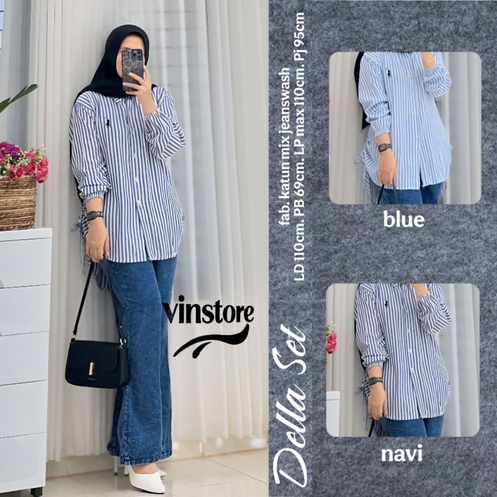 Della set • SAVETA SET pakaian setelan wanita atasan kemeja garis lengan panjang bawahan celana Jean