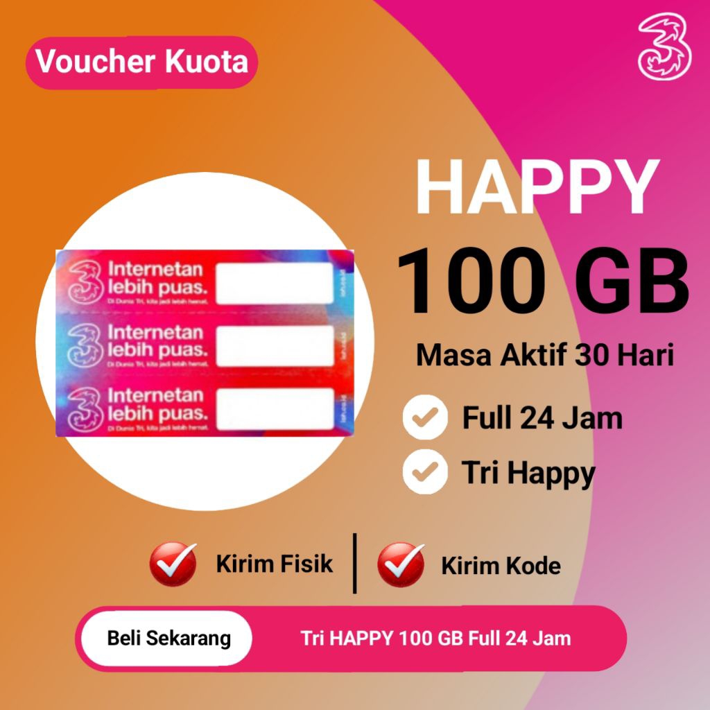 Voucher Kuota TRI Happy 100 GB - Voucher Data TRI Happy 100 GB 30 Hari Full 24 Jam - Paket Data TRI 