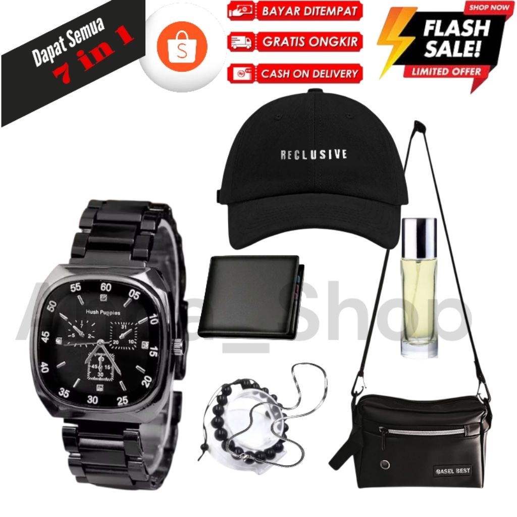 Paket Bundling Pria 6 in 1 - Tas Selempang/Waistbag/Pouchbag, Jam Analog, Tali Rantai, Kalung Titani