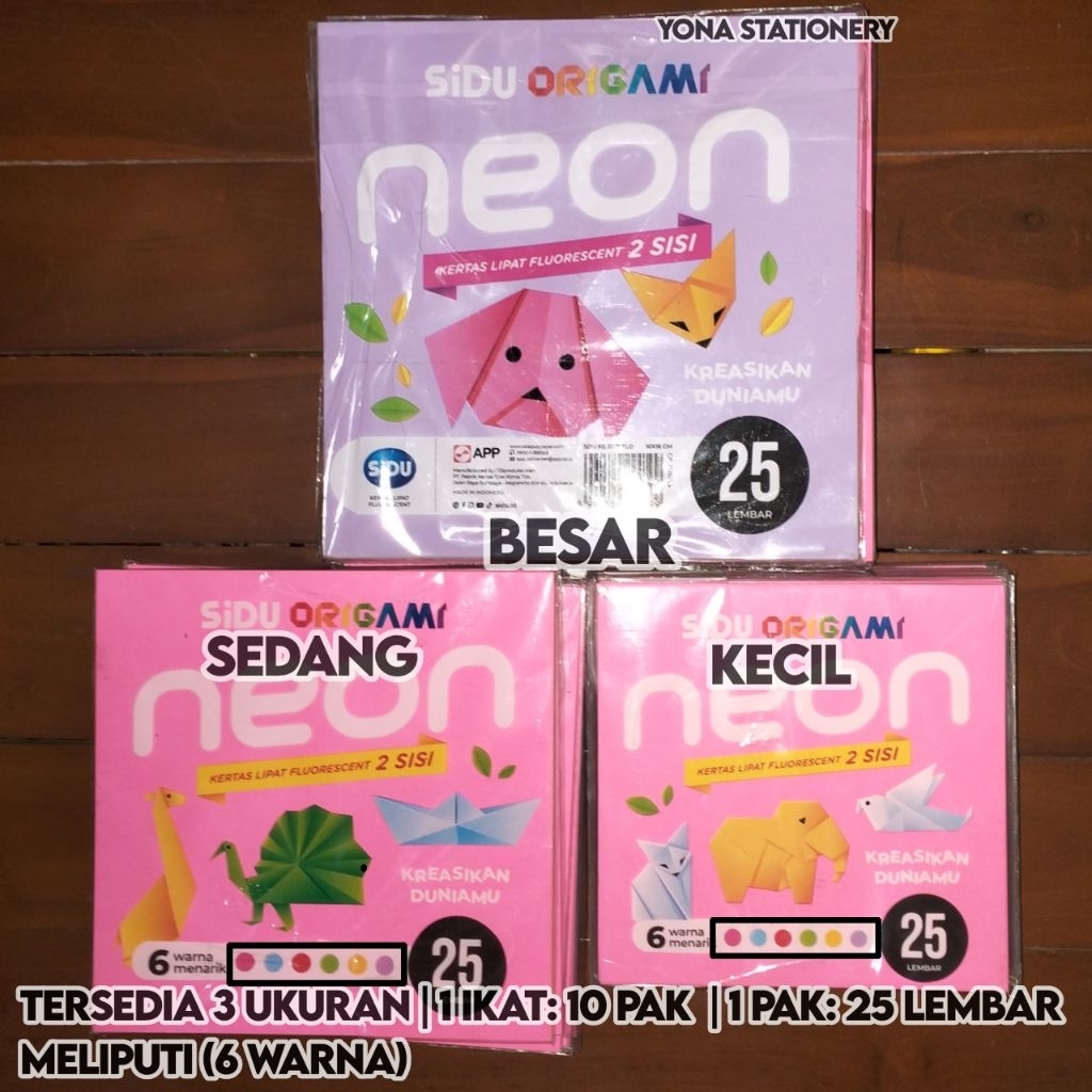 

Origami Sidu Neon 2 Sisi | 1 Ikat isi 10 Pak | 1 Pak: 25 Lembar (Meliputi 6 Warna) | Tersedia 3 Ukuran (12x12Cm), (14x14Cm), (16x16Cm)