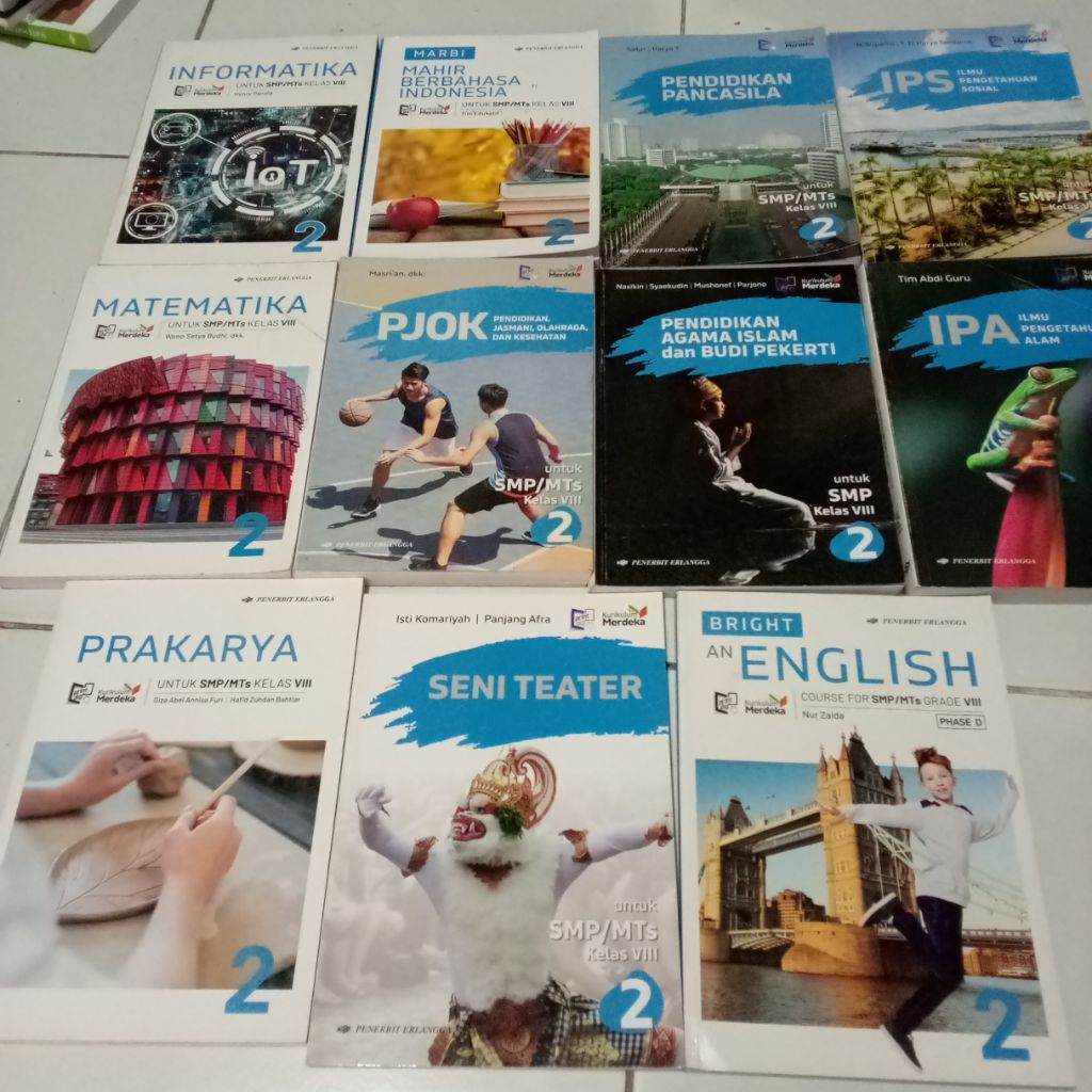 Buku Bekas PJOK, Informatika, Bright an English, Marbi Bahasa Indonesia, Pendidikan Pancasila, IPS, 