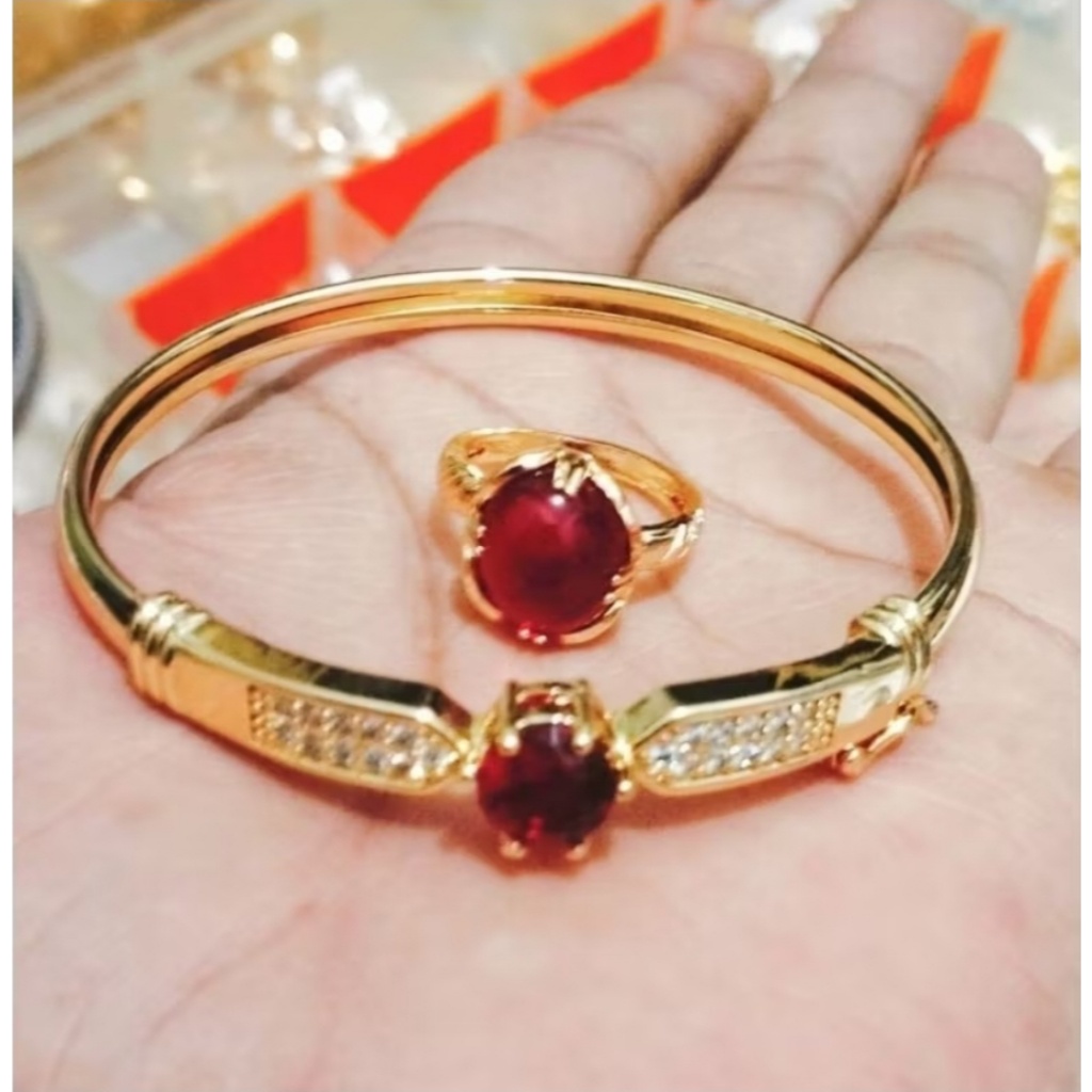 Set gelang model batu merah titanium wanita anti luntur free cincin