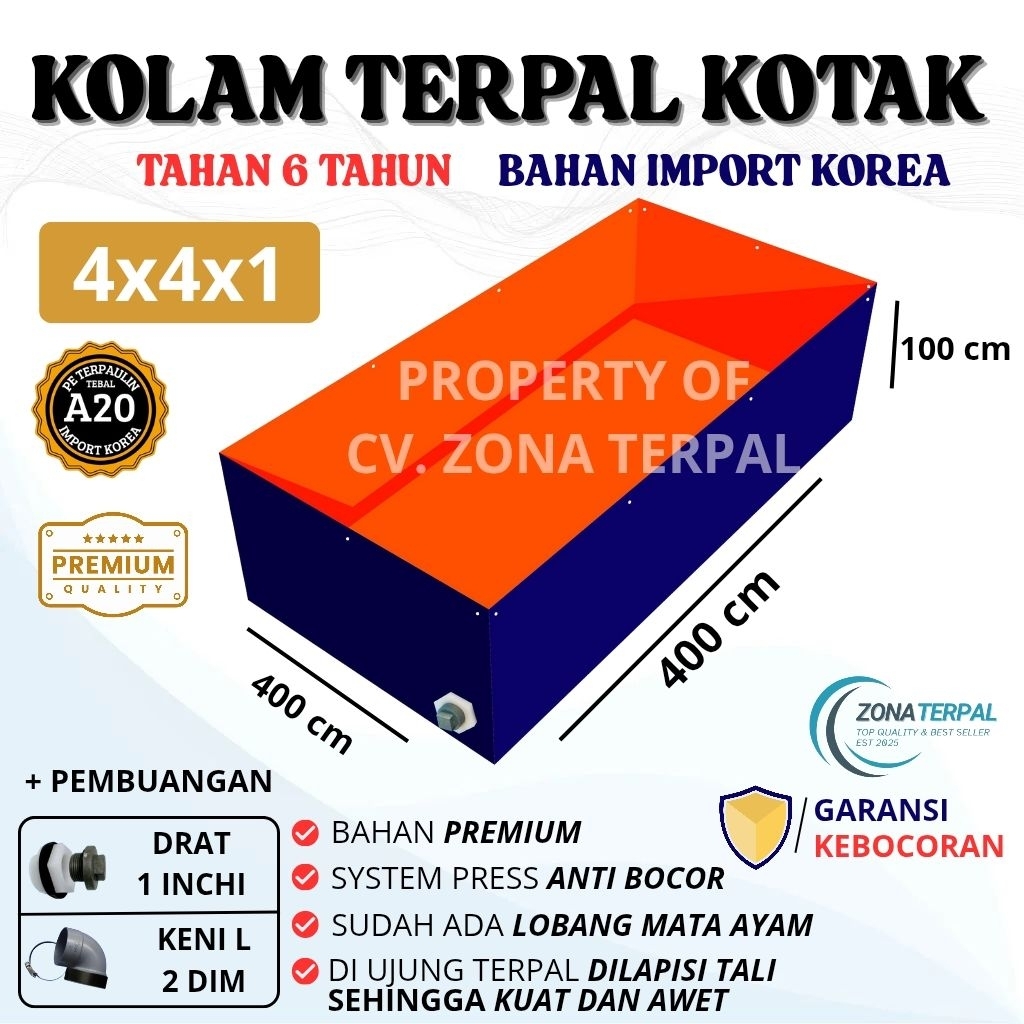 Terpal Kolam Terpal ikan kotak A20 400x400x100 / 4x4x1  Kolam terpal buat budidaya ikan lele nila gu