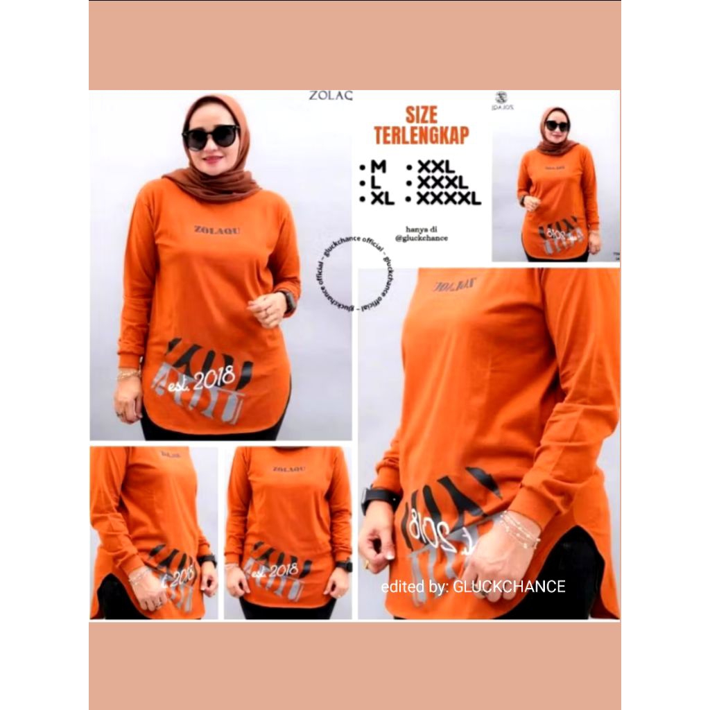 BAJU ATASAN KAOS DISTRO ZOLAQU POLOS TSHIRT OREN MERAH BATA LENOT TEBAL ZLQ WANITA LENGAN PANJANG KO