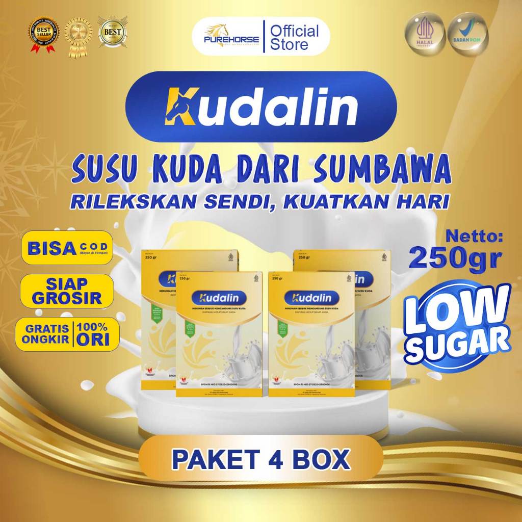 

Kudalin Susu Kuda Untuk Tulang Sendi dan Rematik Rendah Gula Kemasan 250gram/Box Paket 4