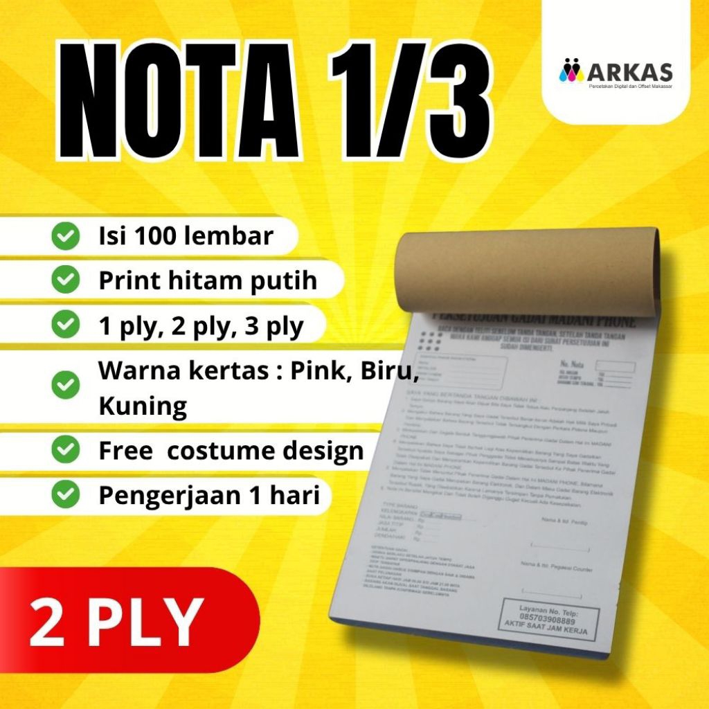 

MARKAS CETAK NOTA CUSTOM NAMA USAHA SENDIRI 1 2 3 PLY UKURAN 1/3 FOLIO 21x11 CM FREE DESAIN MURAH CEPAT 1 HARI JADI