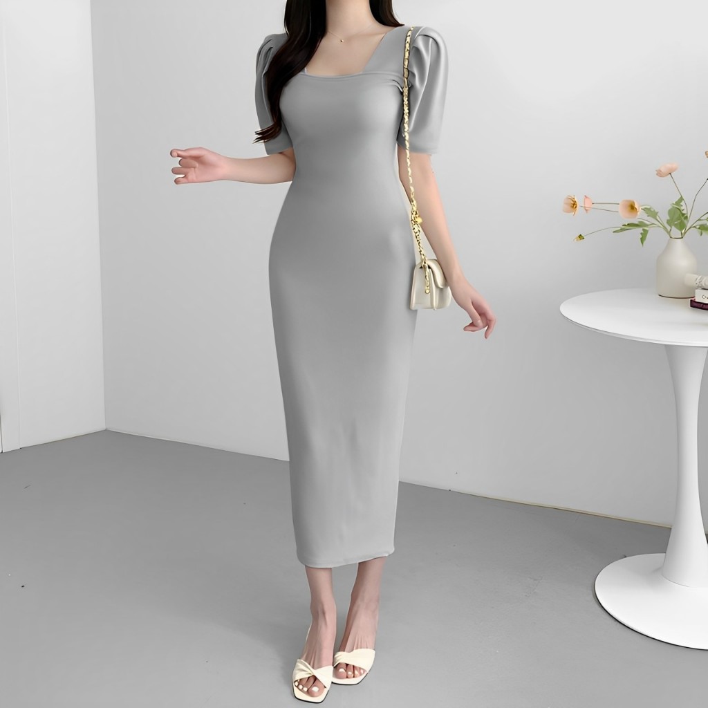 FS Dress Rajut Casual Bodycon Long Dress Square neck Lengan Pendek #4402