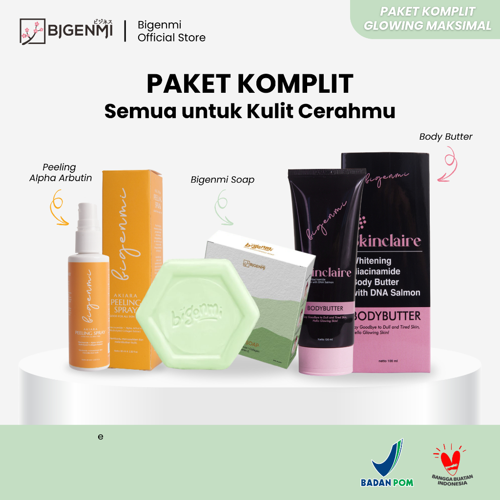 Bigenmi Glowing Set – Paket Perawatan Kulit Cerah Maksimal, Bigenmi Soap, Peeling Spray Alpha Arbuti