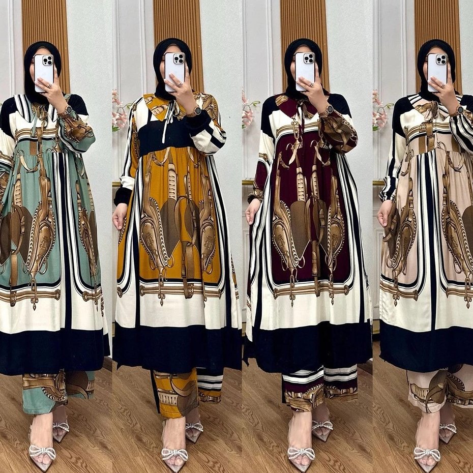 Setcel Bahan Rayon Motif 4 Warna Busui Kekinian Setelan Long Tunik Jumbo Celana Kulot Model Terbaru