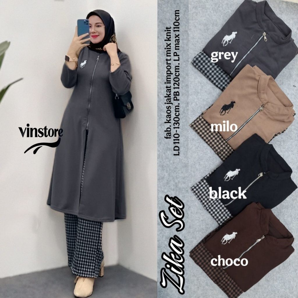 Zika Set By VinStore/Baju Tunik Setelan Celana Kulot Kotak-Kotak