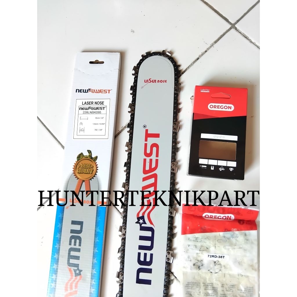 1 PAKET BAR 22 INCH NEW WEST + RANTAI CHAINSAW 72X38T BELAH OREGON COMBO HEMAT SENSO 22"