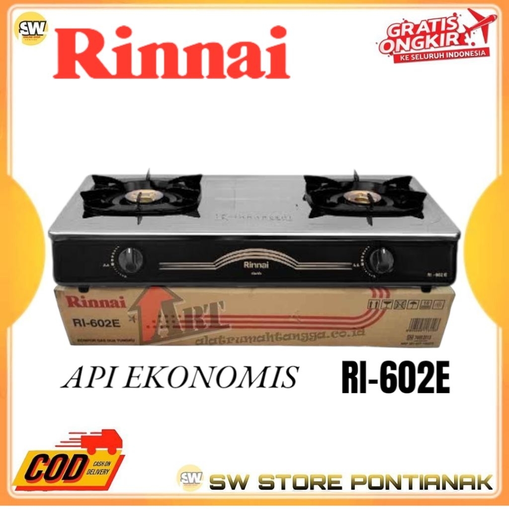 RINNAI KOMPOR GAS 2 TUNGKU RI-602 E STAINLESS / KOMPOR GAS RINNAI 2 TUNGKU RI 602E API EKONOMIS / KO